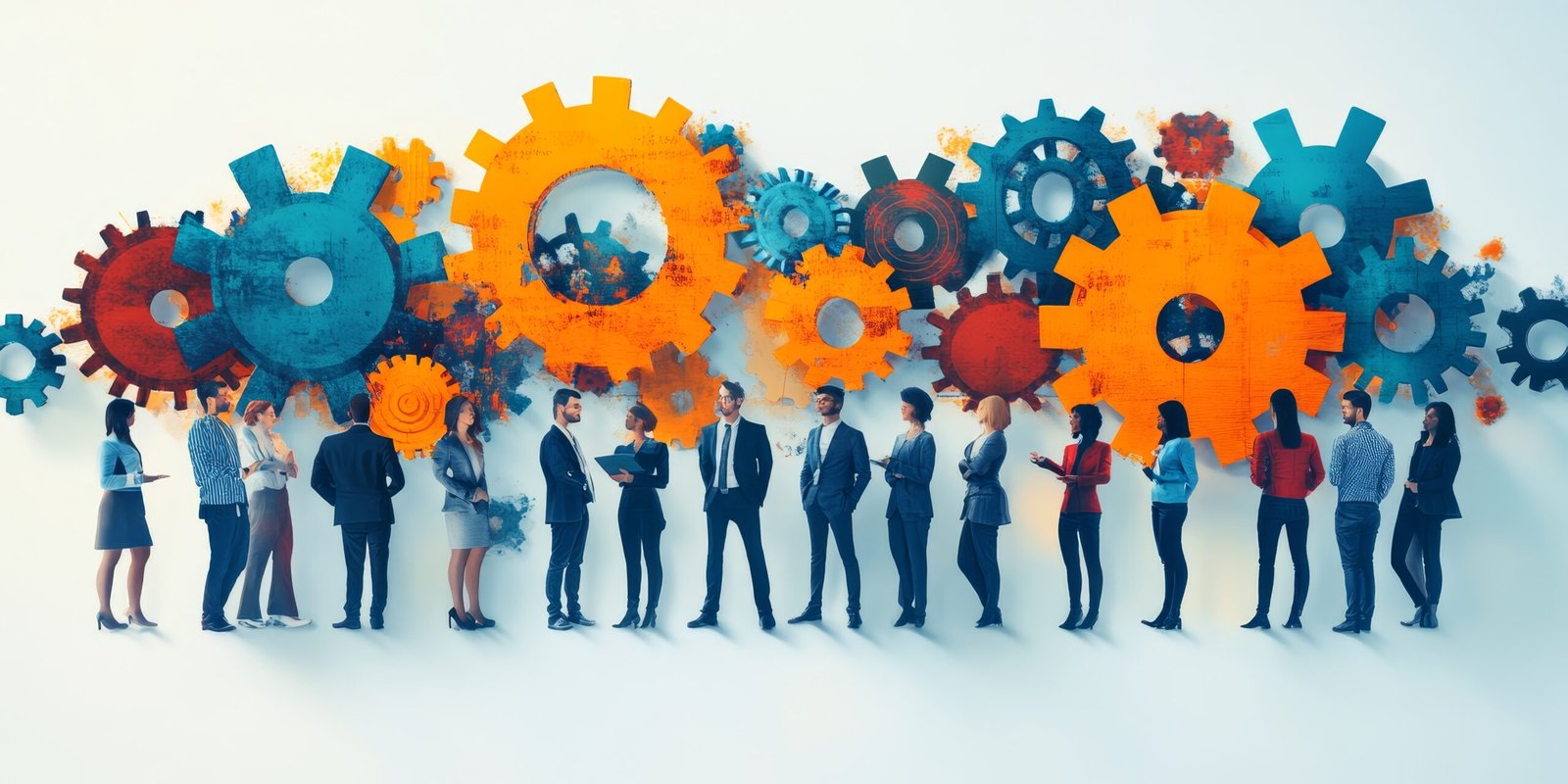 group business people looking gears mechanism teamwork concept 3d rendering scaled